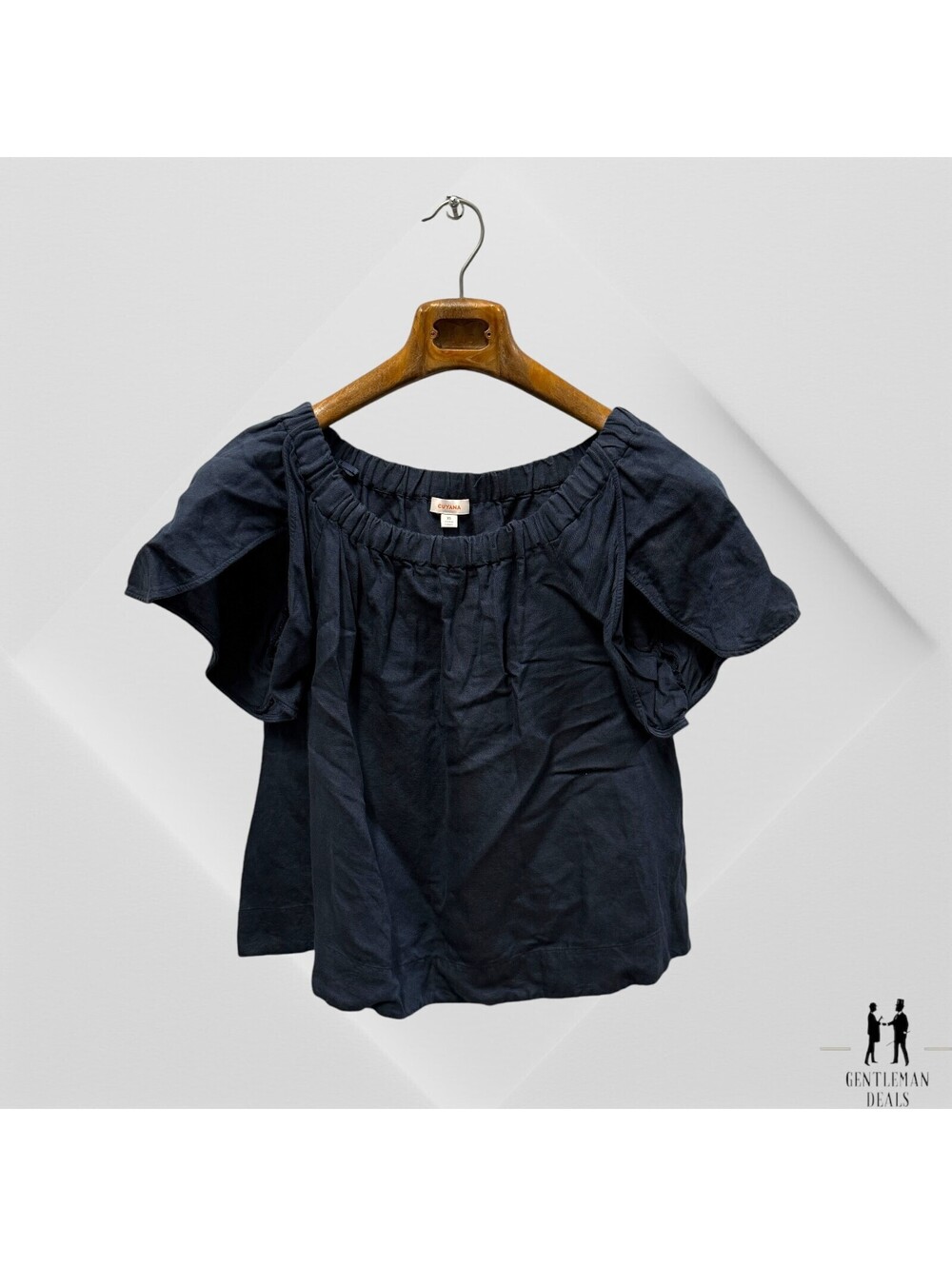 Cuyana Navy Viscose Linen Blend Off The Shoulder Dress Top Tshirt Round Neck XS